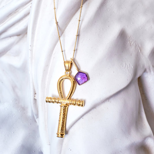 MY INTUITIVE ALLY 12mm Amethyst and Ankh Cross Necklace