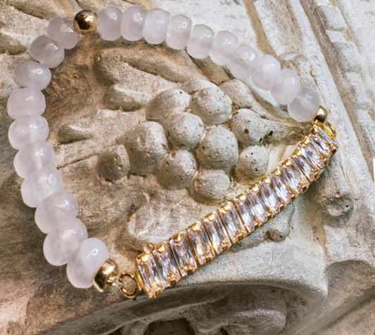 QUEEN OF HEARTS Rose Quartz Rhinestone Band 14K Gold-Filled Bracelet (Round Beads)