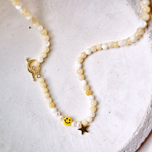 JOY & CONFIDENCE Yellow Jade and Mother of Pearl  Gold-Plated Beaded Necklace