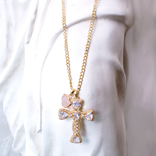 QUEEN OF HEARTS Half Moon Rose Quartz and Alexandra Cross 14k Gold-Filled Necklace