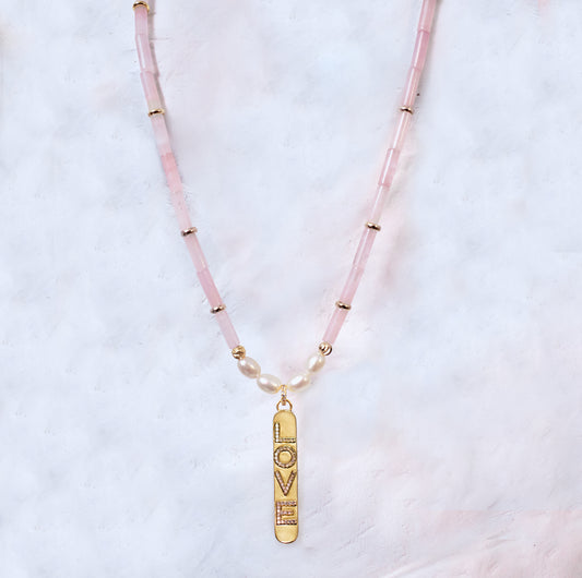 QUEEN OF HEARTS Rose Quartz and Pearl Gold Plated LOVE Pendant Necklace