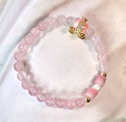QUEEN OF HEARTS Rose Quartz, Pink Opal and Pearl with Coach Charm Kids Gold Plated + Enamel Bracelet