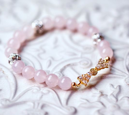 QUEEN OF HEARTS Rose Quartz Bow Gold Plated Bracelet