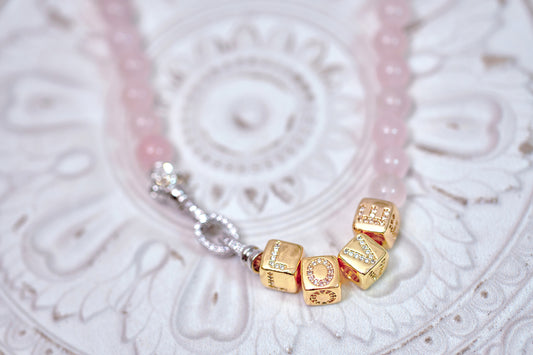 QUEEN OF HEARTS Rose Quartz L-O-V-E Cube Gold Plated Necklace