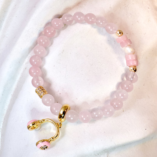 QUEEN OF HEARTS Rose Quartz, Pink Opal, and Pearl with Headphones Charm Kids Gold Plated + Enamel Bracelet