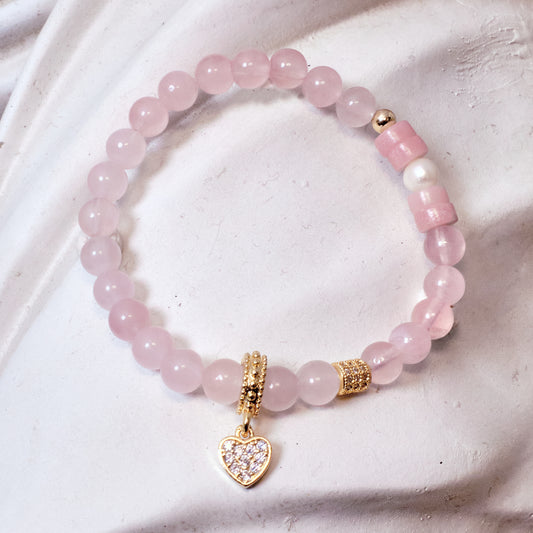 QUEEN OF HEARTS Rose Quartz, Pink Opal, and Pearl with Heart Charm Gold Plated Bracelet