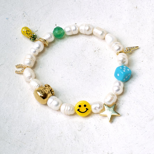 SMILEY FACE Money Magnet Aventurine and Freshwater Pearl Gold-Plated + Enamel Bracelet