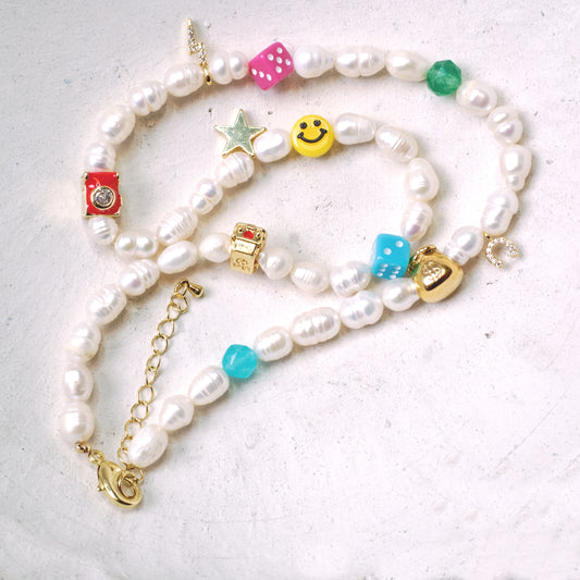 SMILEY FACE Money Magnet + True Self Aventurine, Amazonite and Freshwater Pearl Gold-Plated + Enamel Necklace