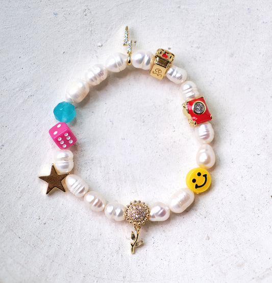 SMILEY FACE True Self Amazonite and Freshwater Pearl Gold-Plated + Enamel Bracelet