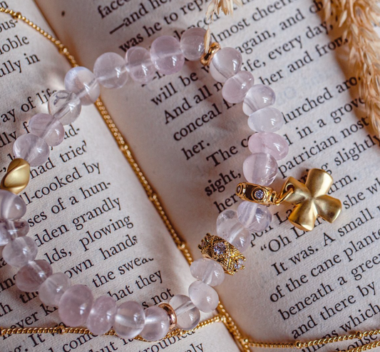QUEEN OF HEARTS Rose Quartz with Cross Charm Gold Plated Bracelet